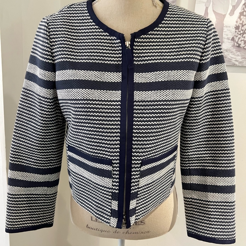 JCrew Navy White Striped Women's cropped jacket/ blazer side pockets Nautical